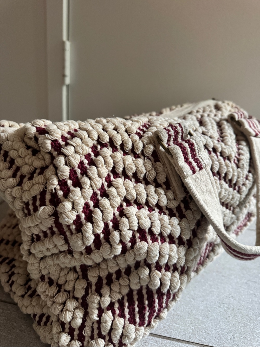 Cream and Burgundy Woven Duffle Bag